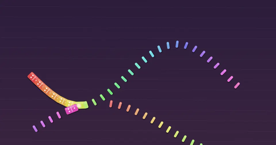 Domino run: a curving line of dominoes falling