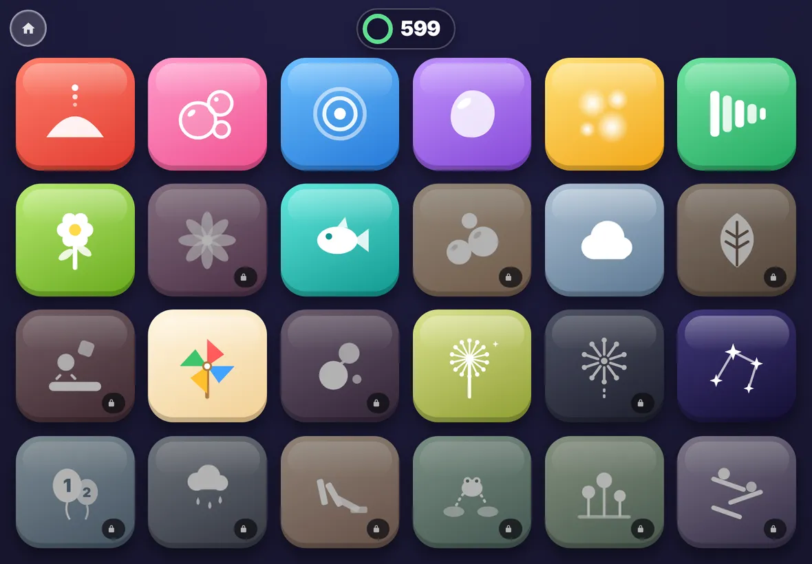 The play-time games screen: 12 games in colour and 12 greyed out with a small padlock