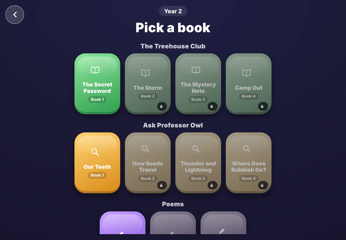 The Year 2 bookshelf: The Treehouse Club and Ask Professor Owl series, with the first book of each open and the rest showing a padlock