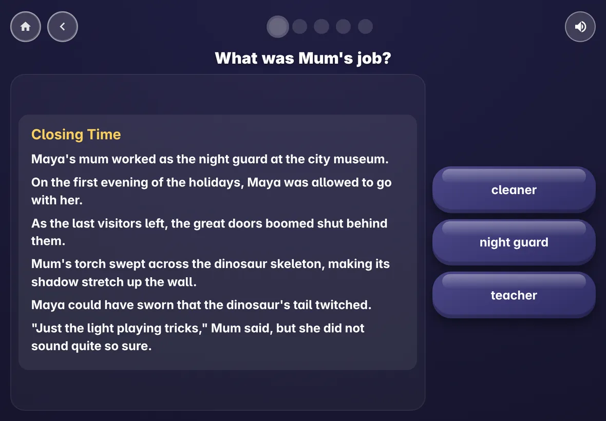 A Year 3 story, Closing Time, beside the question: What was Mum's job?