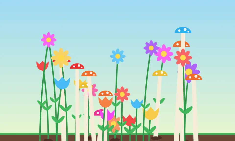 Flowers: a meadow of tall flowers and toadstools